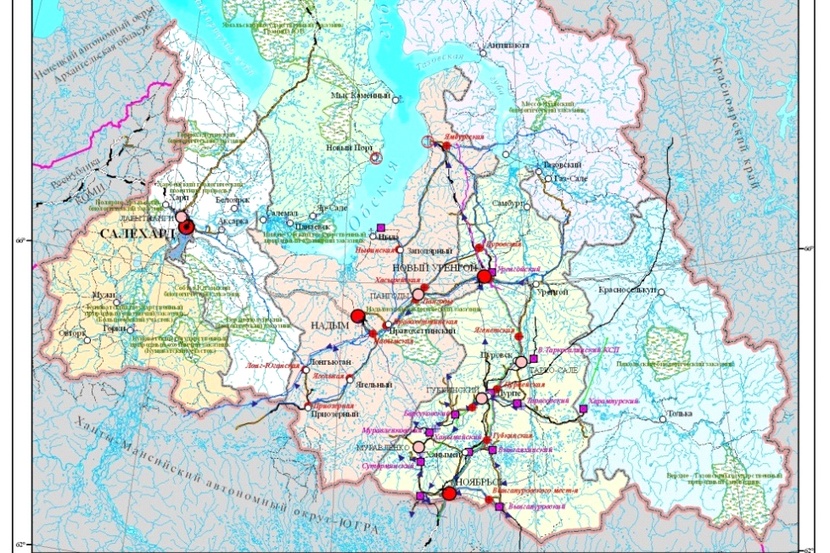 Карта янао с населенными пунктами и месторождениями и дорогами подробная